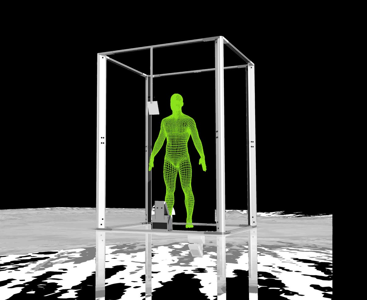 Ilustrasi 3D body measurement scanner dan hasil ukuran digital