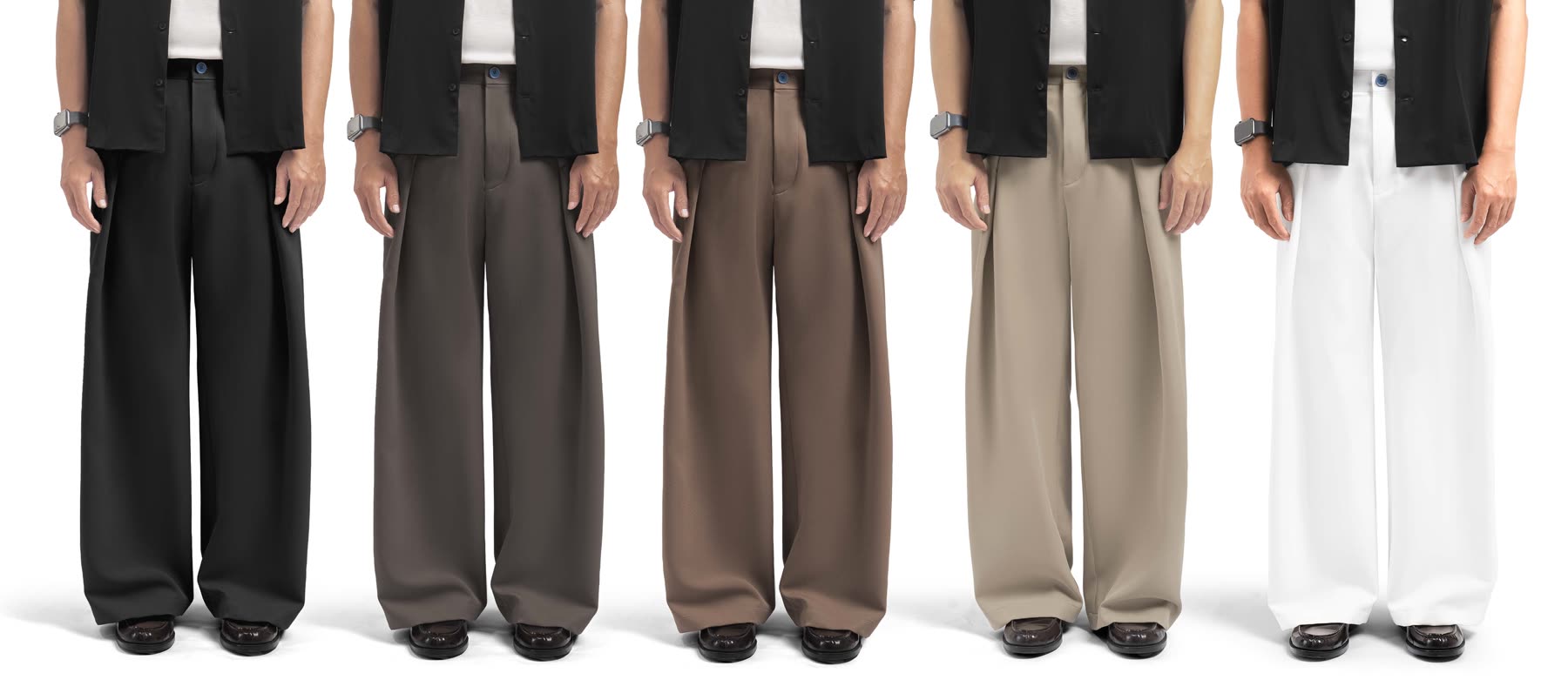 Model mengenakan Kasual wide pants dalam beberapa warna netral
